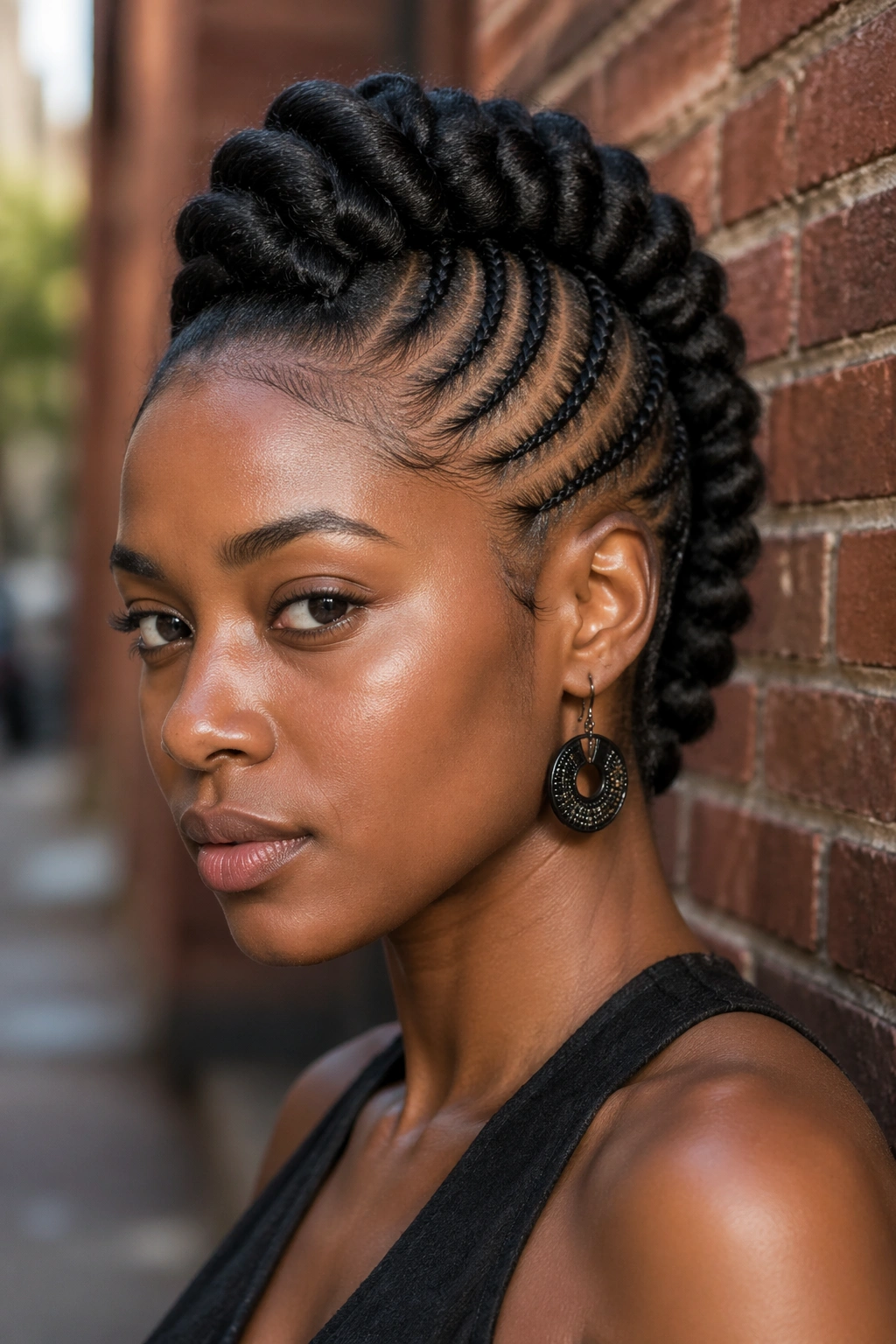Close-up portrait of a real person with a braided faux hawk against brick wall