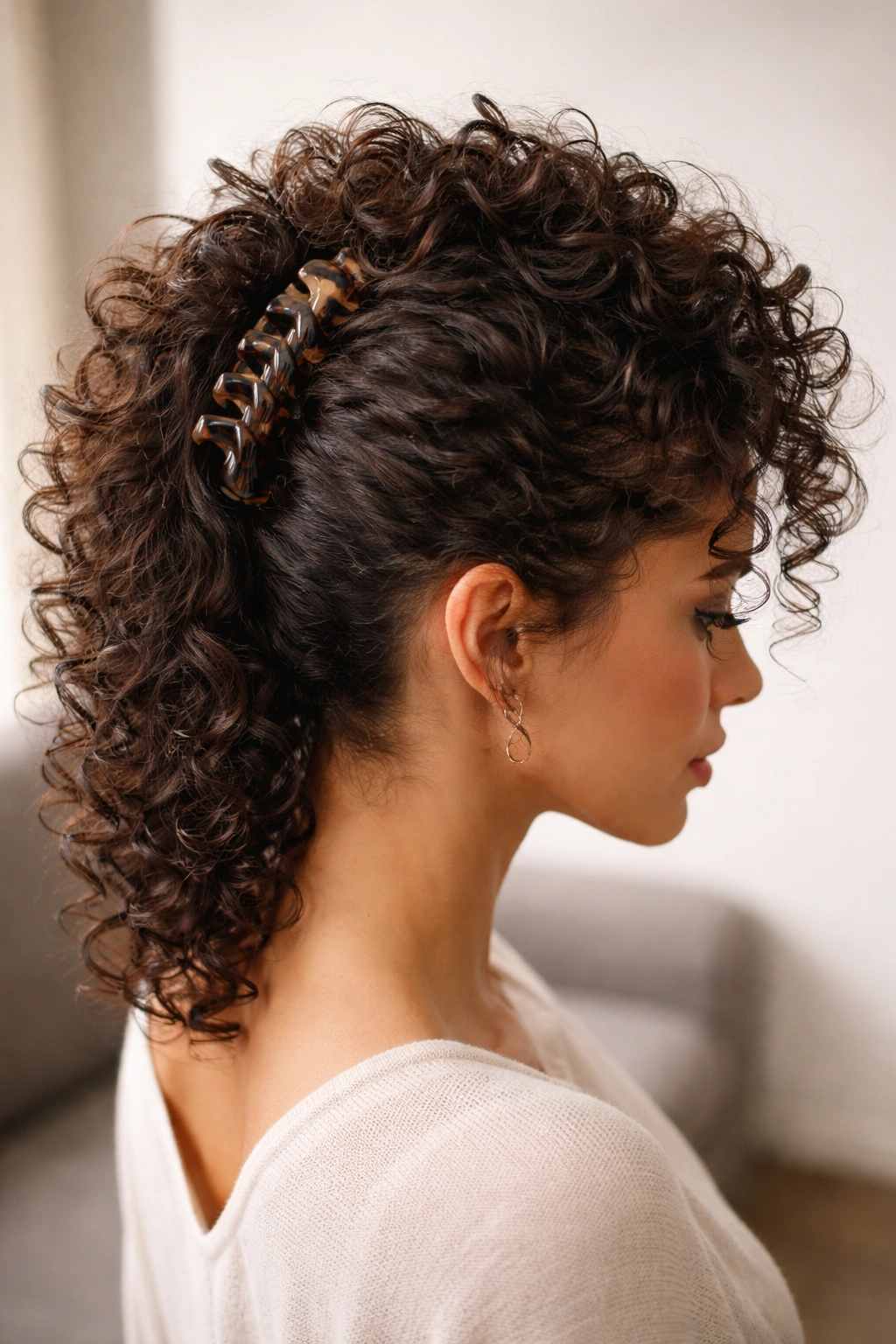 Curly hair styled into a faux hawk with the center lifted and clipped