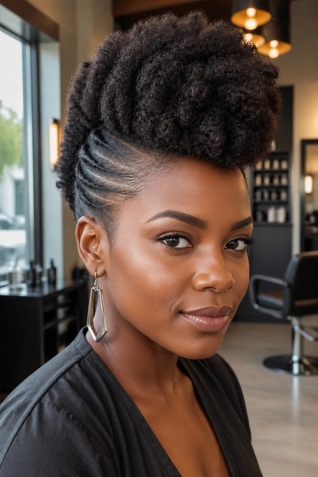 Close-up of real person with center faux hawk crochet afro in a salon