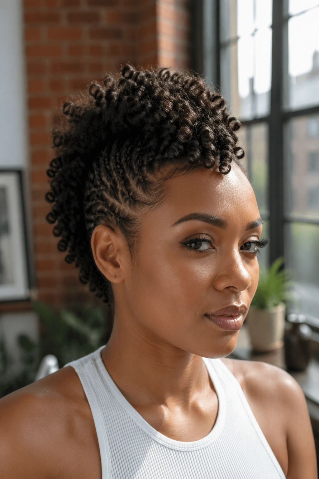 Close-up portrait of a real person with a faux hawk crochet hairstyle, sides tight to scalp and a full center ridge