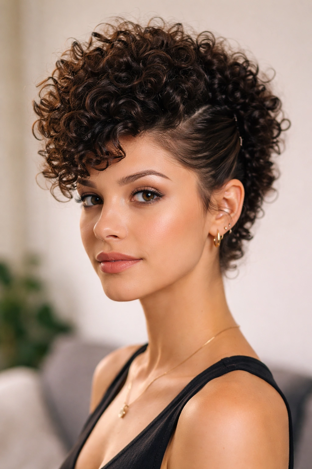 Center-curled faux hawk with sides pinned back and natural volume