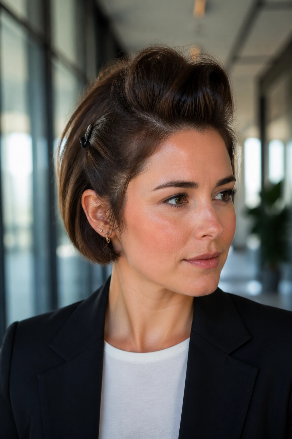 Real person with faux hawk half-up lift on short bob in office hallway