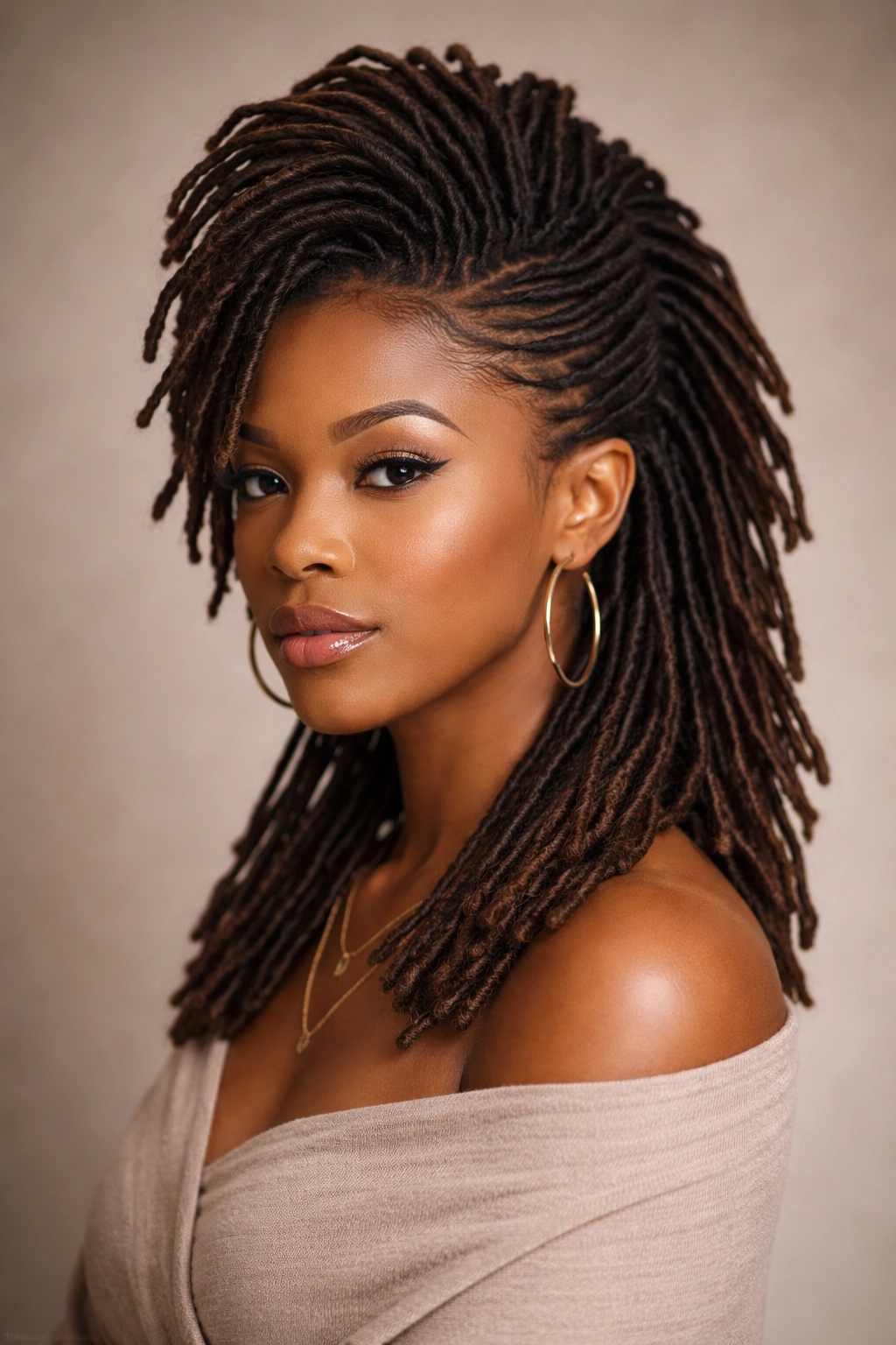 Close-up of shoulder-length locs forming a tall center ridge with sides pinned back