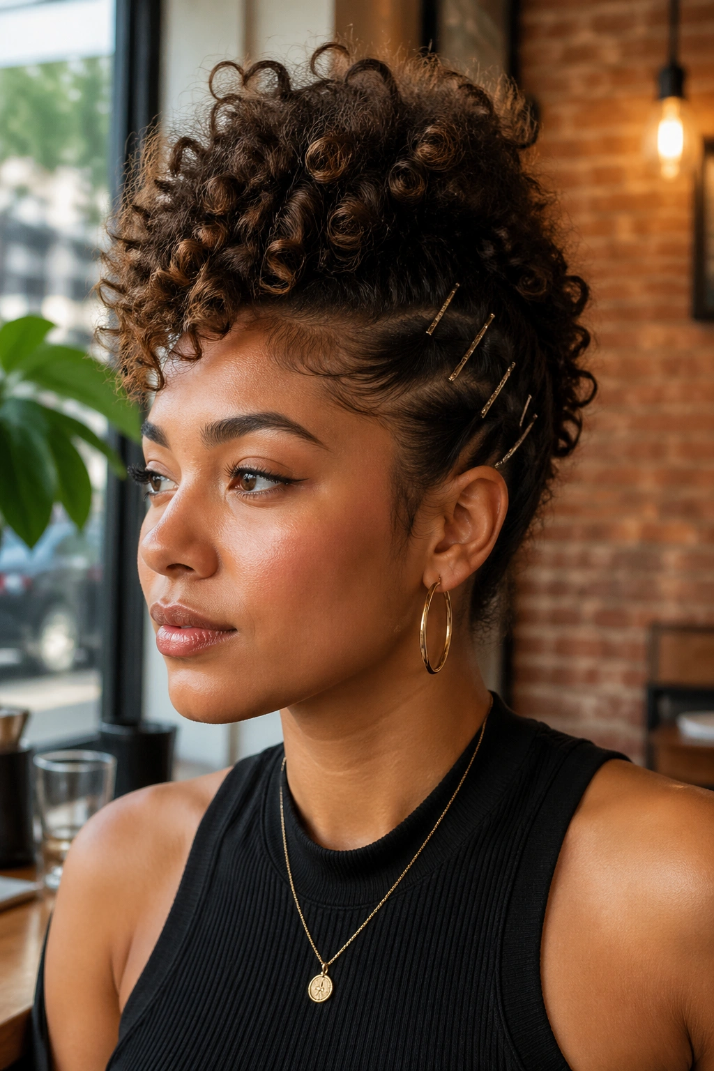 Close-up portrait of a real person with a curly faux hawk and pinned sides