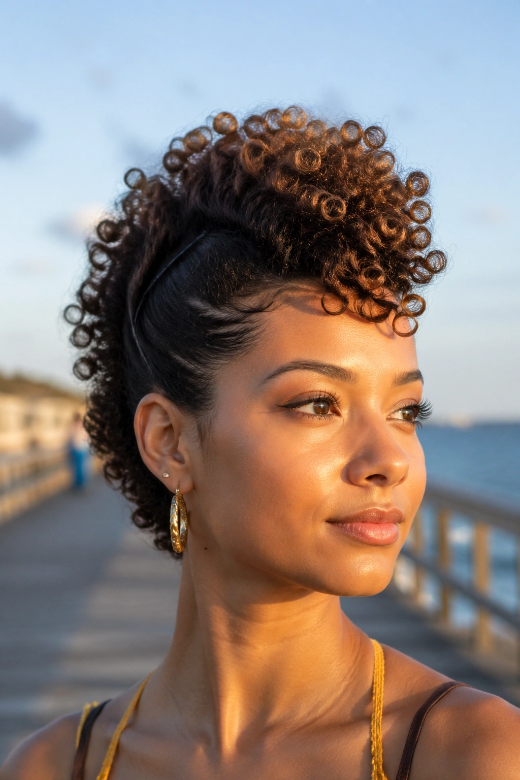 Portrait of person with faux hawk hairstyle and pinned sides