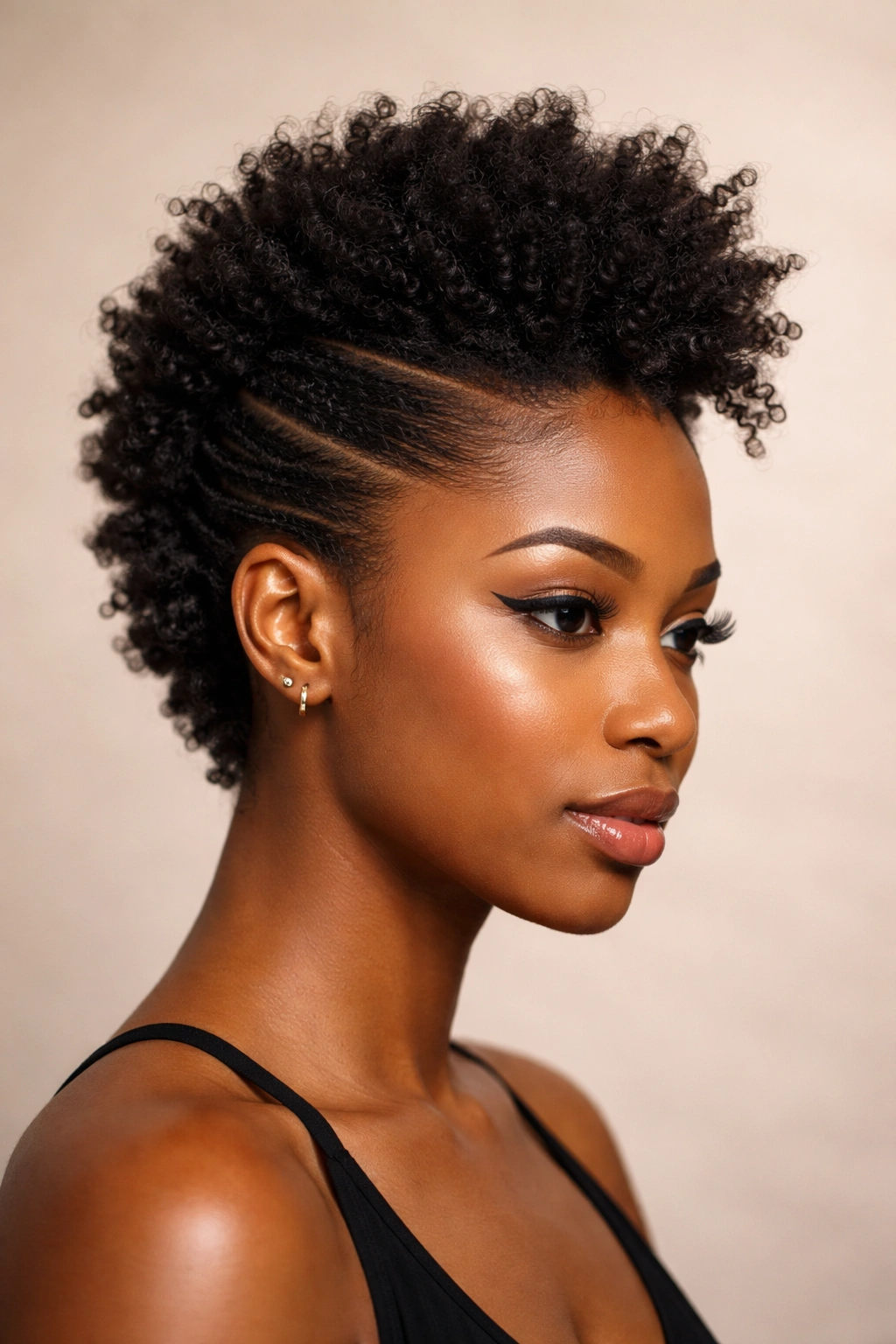 Close-up of a short natural hairstyle with a central faux hawk and pinned sides
