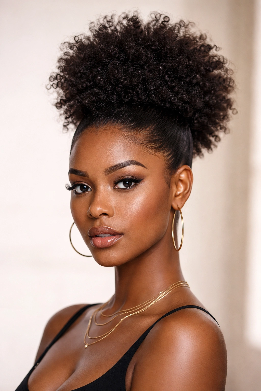 Faux hawk puff hairstyle with center volume and sleek sides
