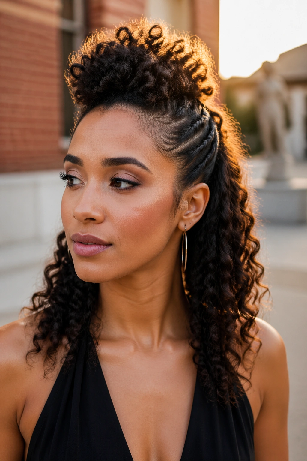 Real woman with a half-up faux-hawk puff showing bold texture in curls