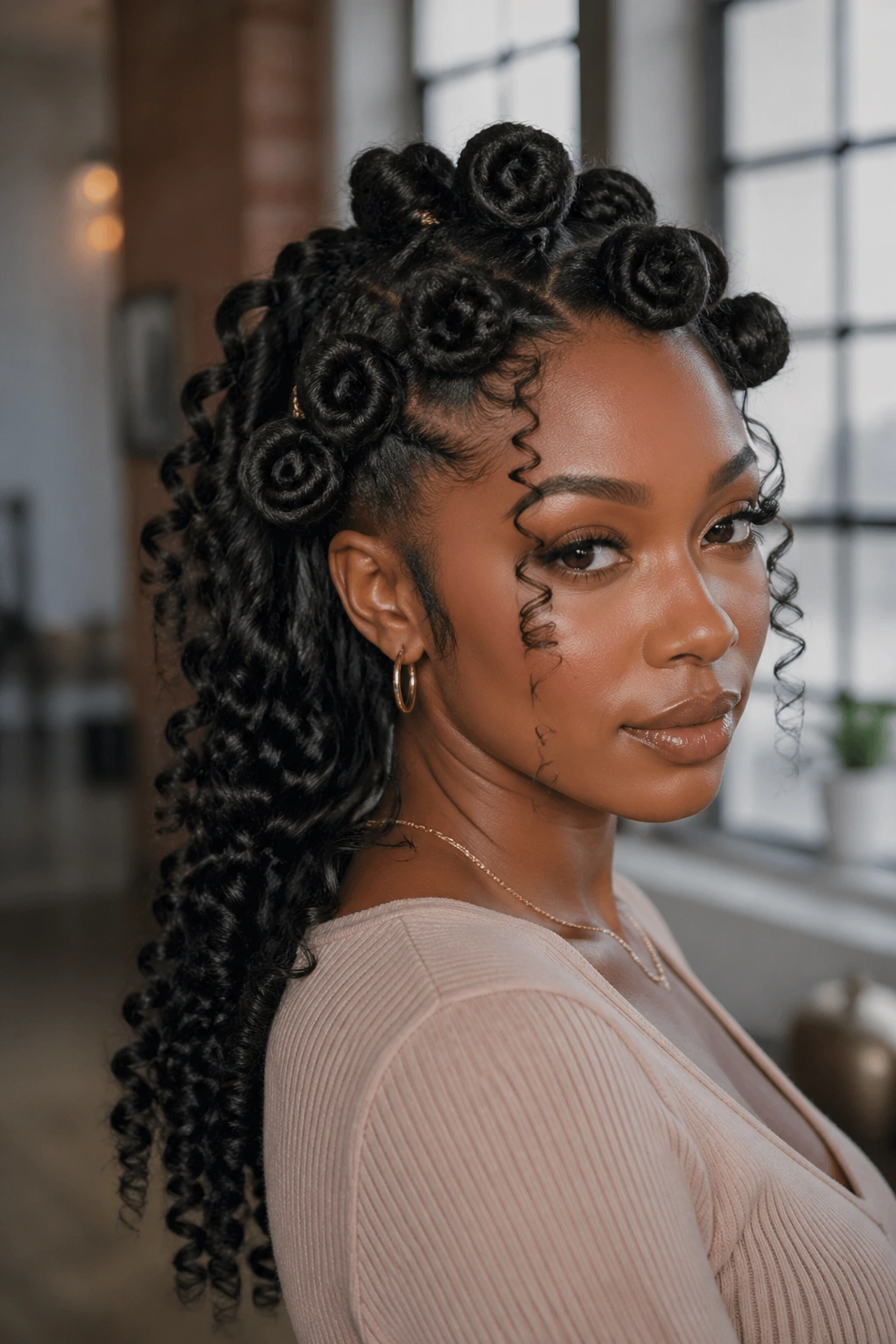 Portrait of a woman with faux loc Bantu knots and curly ends.