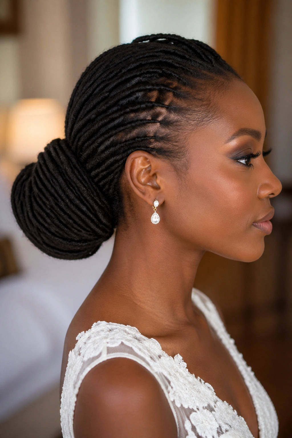 Real bride with a faux loc bun wrapped at the nape