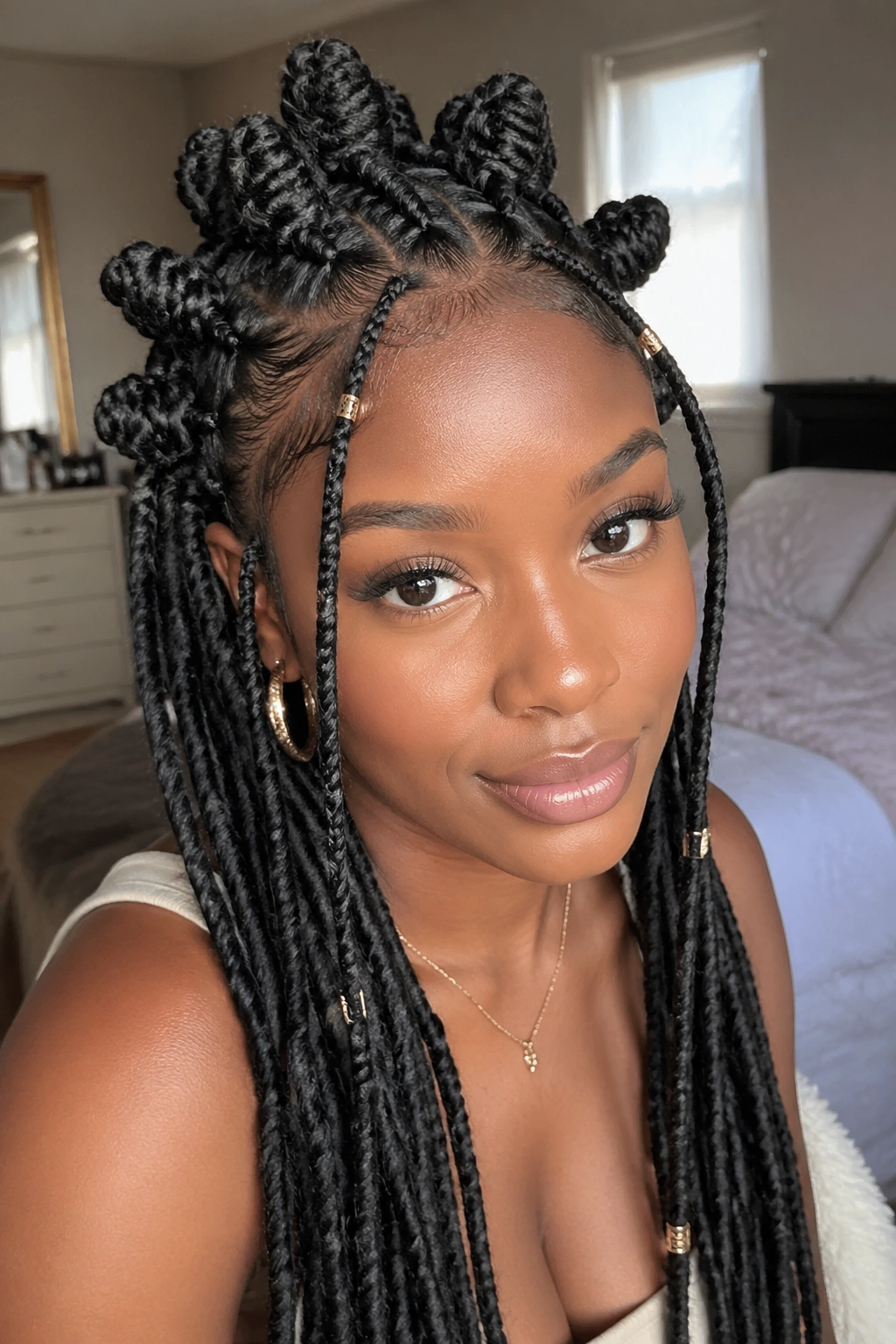 Close-up of a real woman with faux-loc inspired Fulani braids and knotted crown