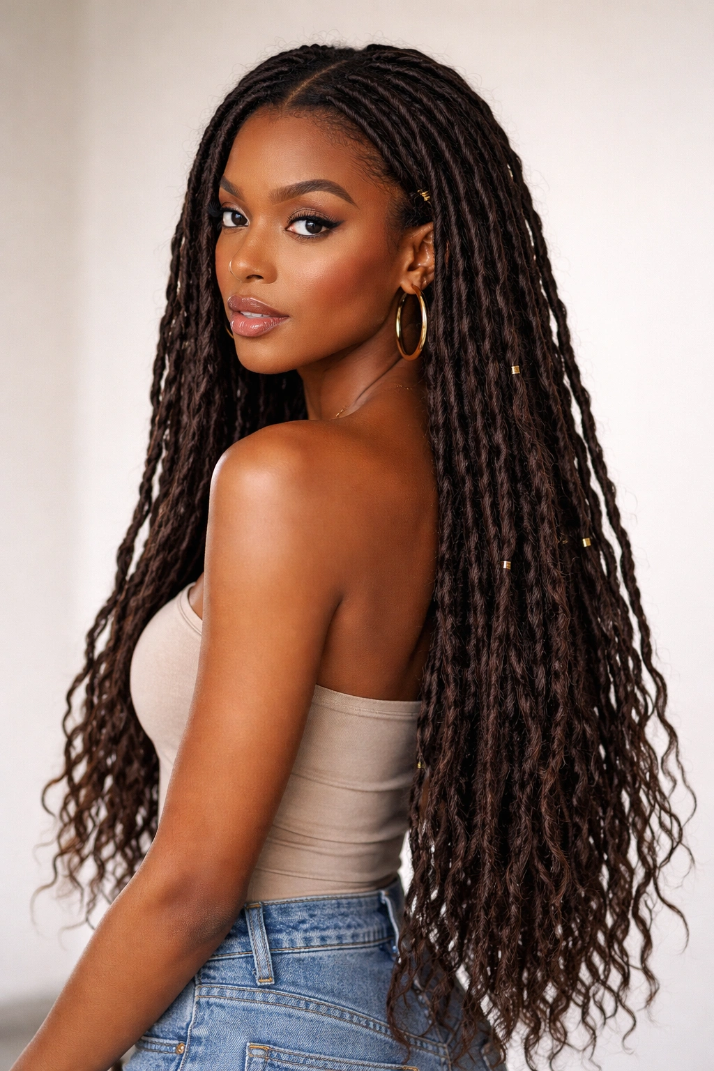 Faux locs hairstyle with waist-length length and textured ends