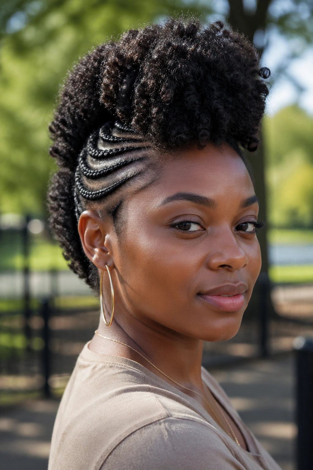 Medium close-up of a real woman with faux-hawk crochet afro in daylight.