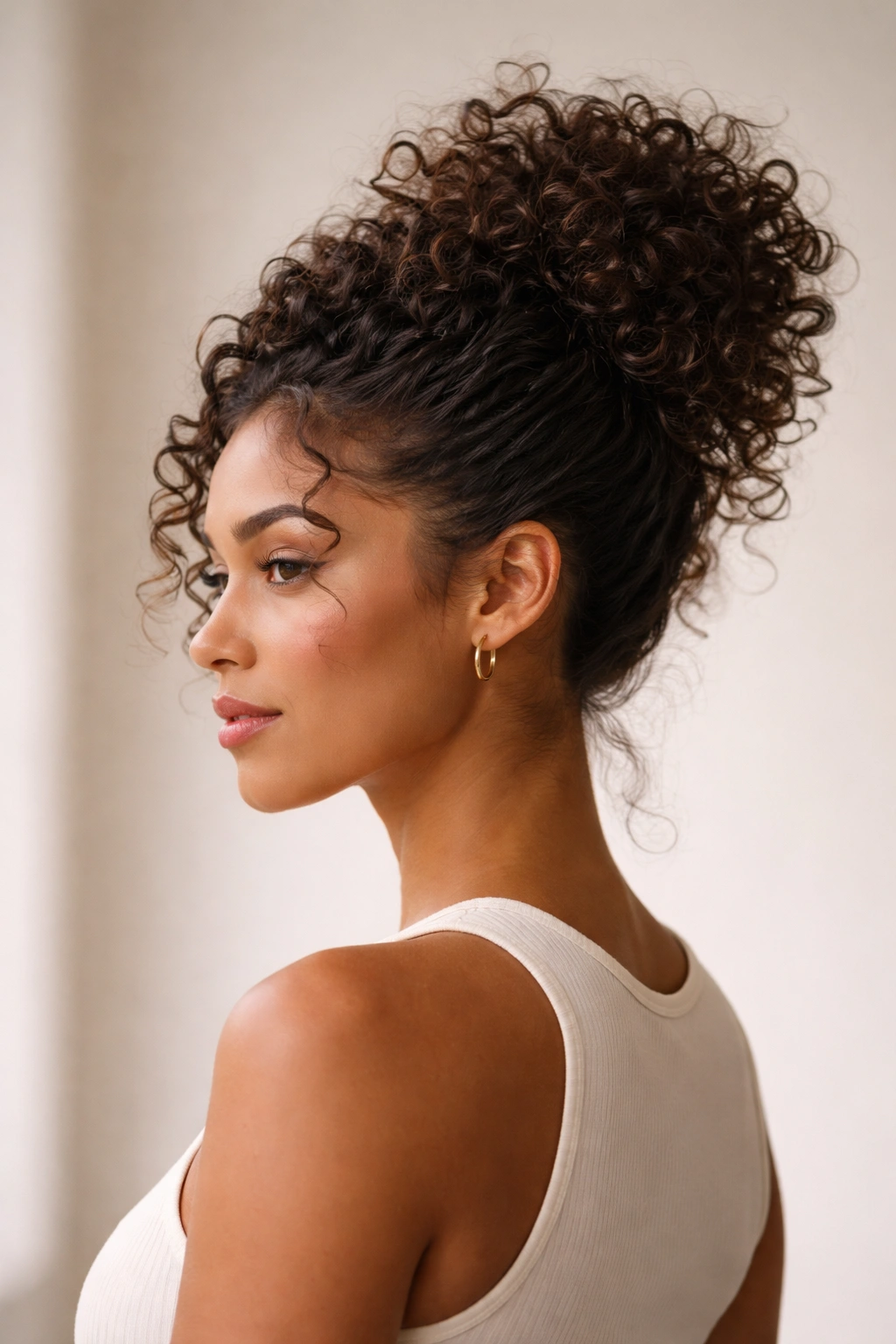 Side view of a curly faux-hawk bun with a high center bun and softened sides