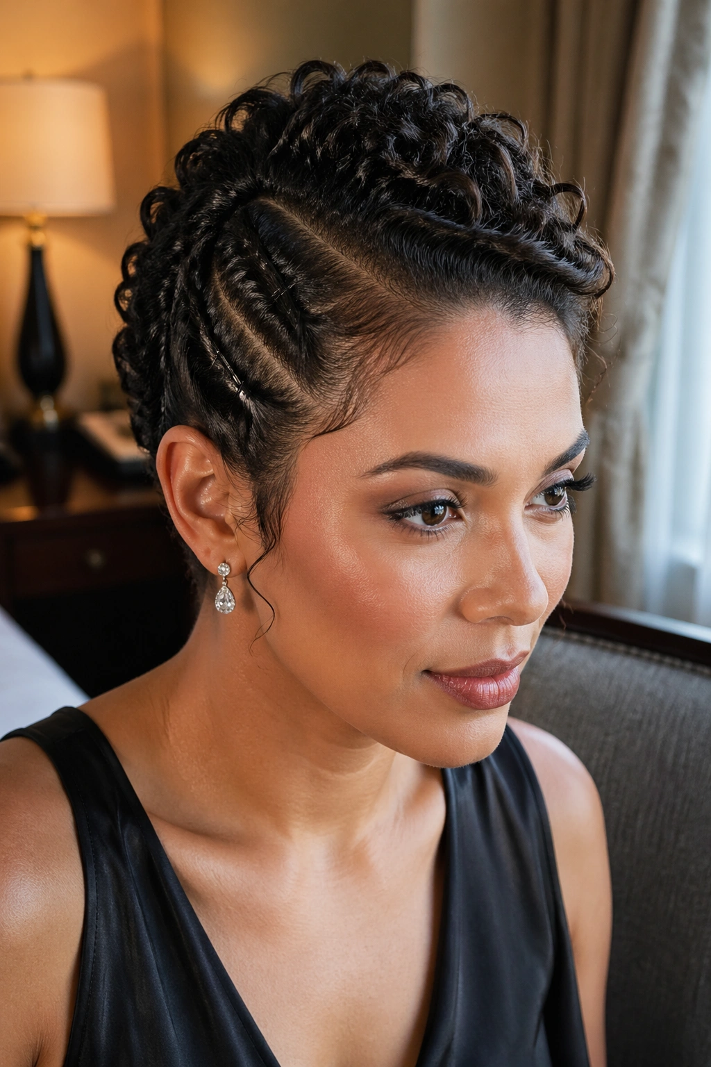 Close-up of a real woman wearing a mini faux hawk with pinned sides, elegant short curly hair