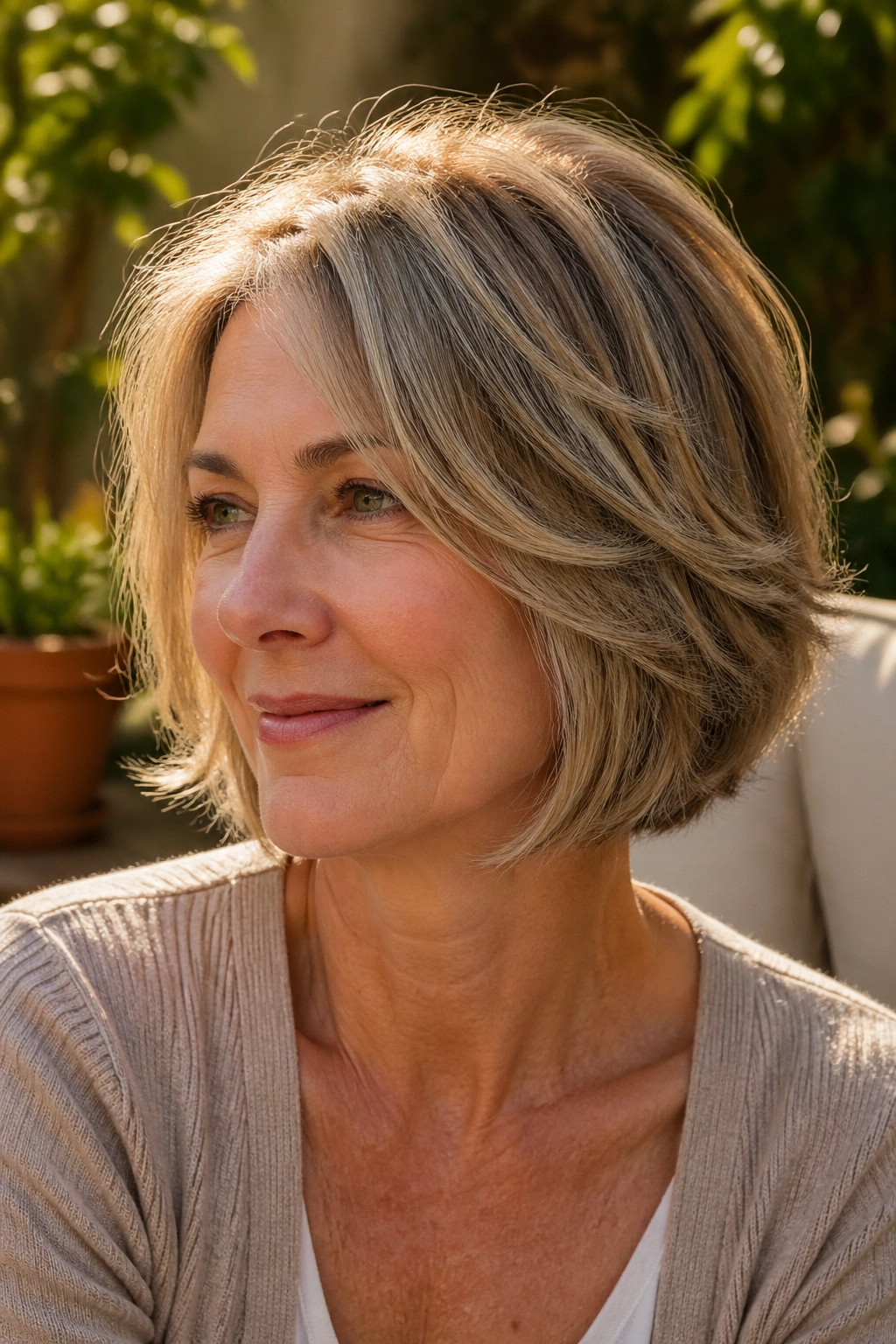Close-up portrait of a real woman with a feathered bob and airy ends in a sunlit garden