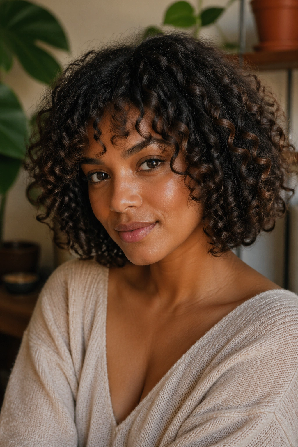 Real woman with curly feathered bob showing stacked curls and feathered interior.