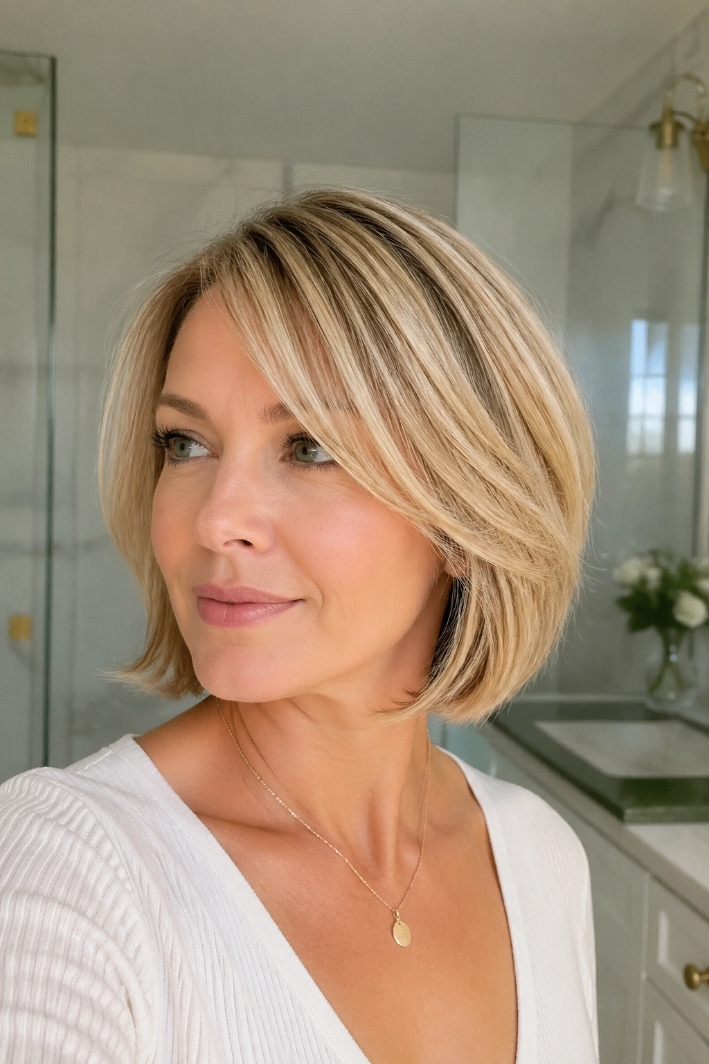 Portrait of a real woman wearing a feathered bob for fine hair with fullness.