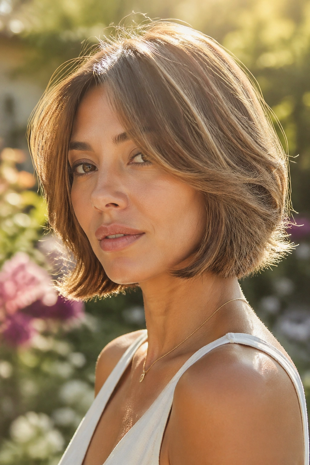 Real woman with feathered bob showing soft, movable ends
