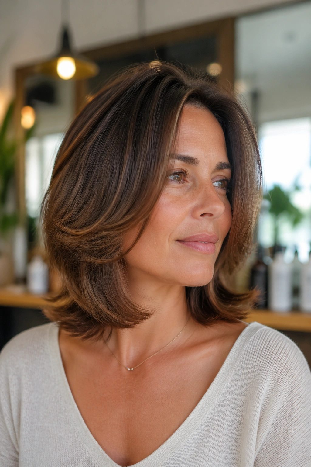 Close-up of a real woman with a feathered shoulder-length layered bob