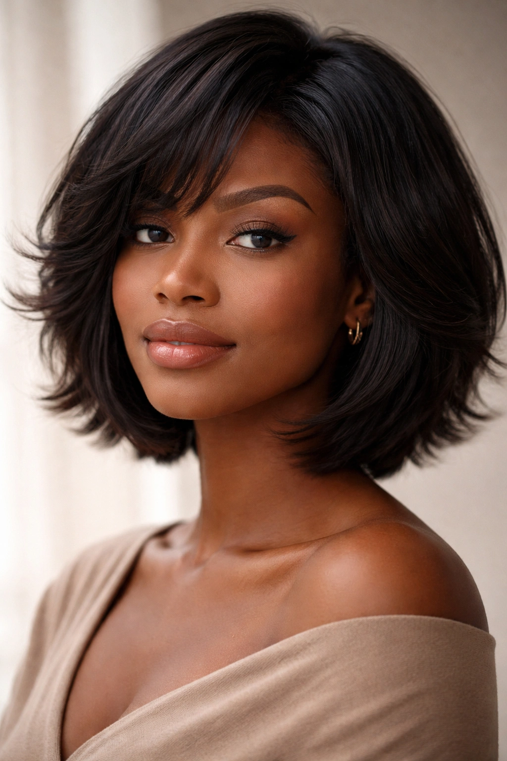Close-up of a Black woman with a feathered bob and soft ends