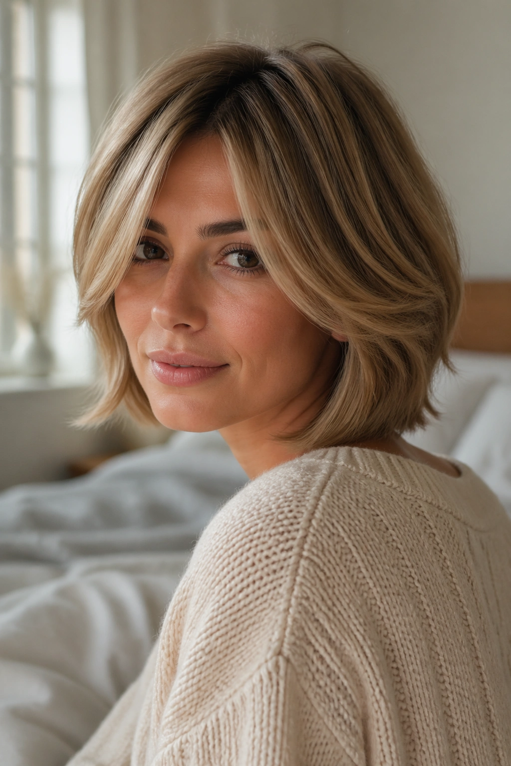 Close-up of a real woman's feathered bob with light, airy layers