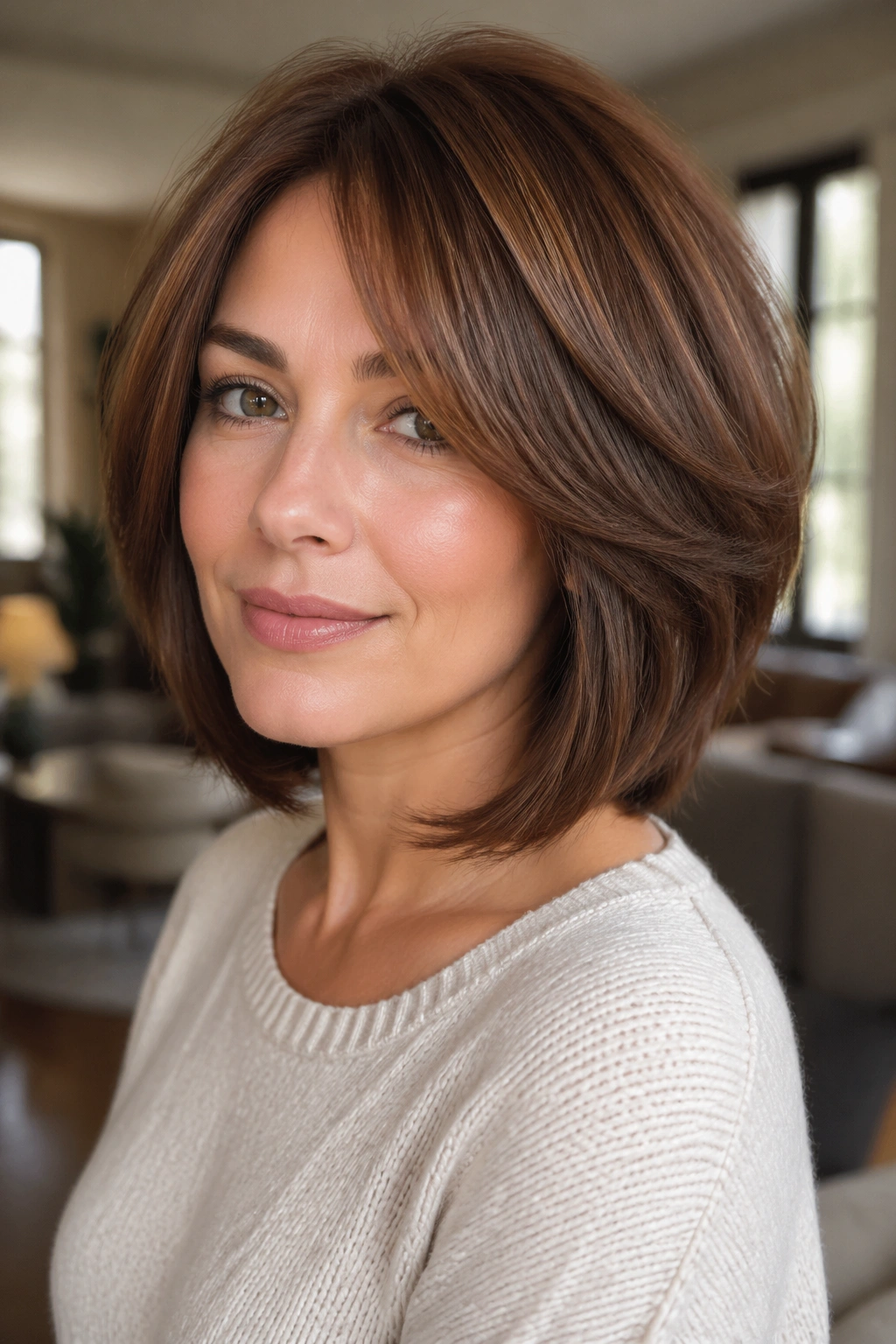 Real woman with thick hair sporting a feathered bob and soft, curved silhouette.