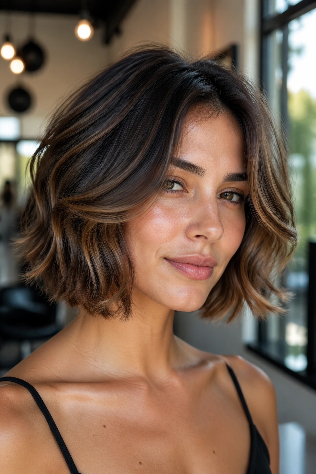 Close-up of a real woman with a wavy feathered bob and soft S-bends.
