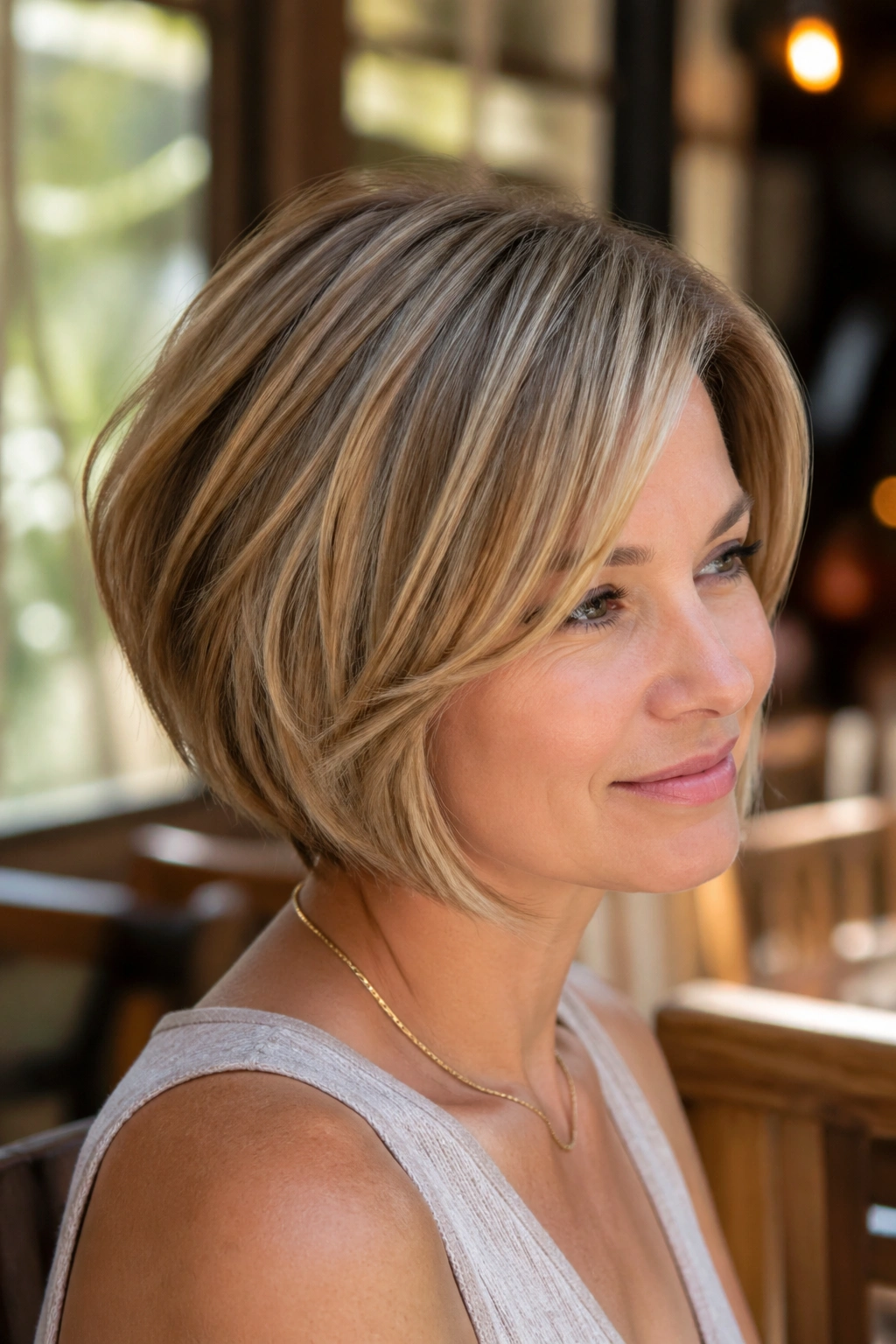 Close-up portrait of a real woman with feathered concave bob in cafe lighting