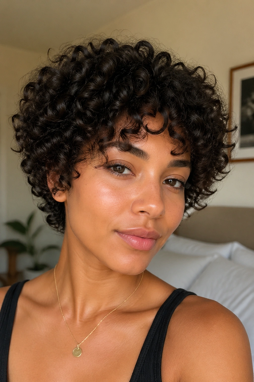 Close-up portrait of a real woman with a feathered curly crop and soft face-framing layers