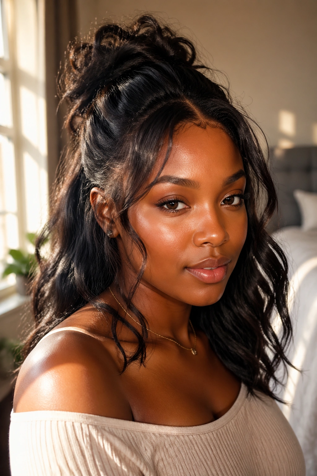 Close-up of a real Black woman with feathered edges in a romantic half-up style.