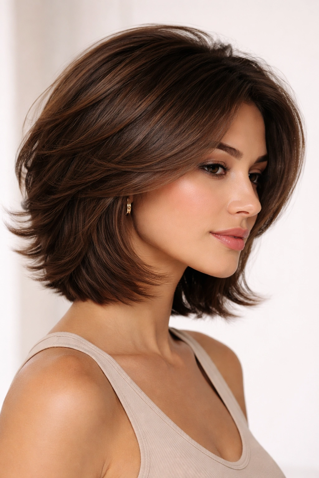 Feathered flipped bob on thick hair showing layered interior and outward flip.