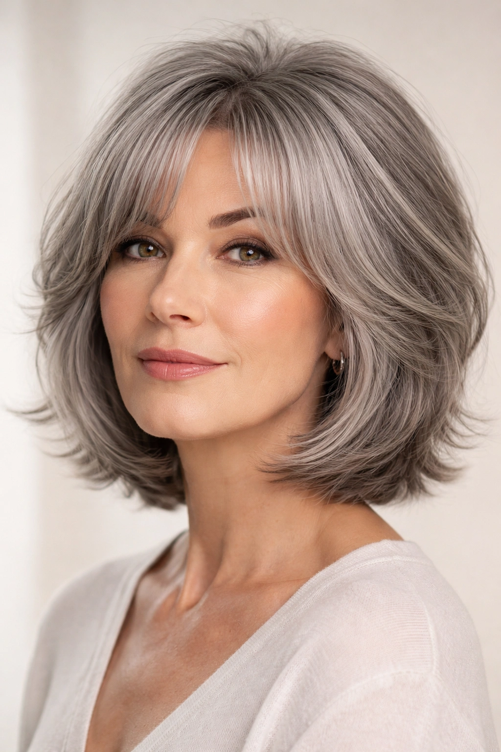 Feathered grey bob with curtain bangs and soft texture.