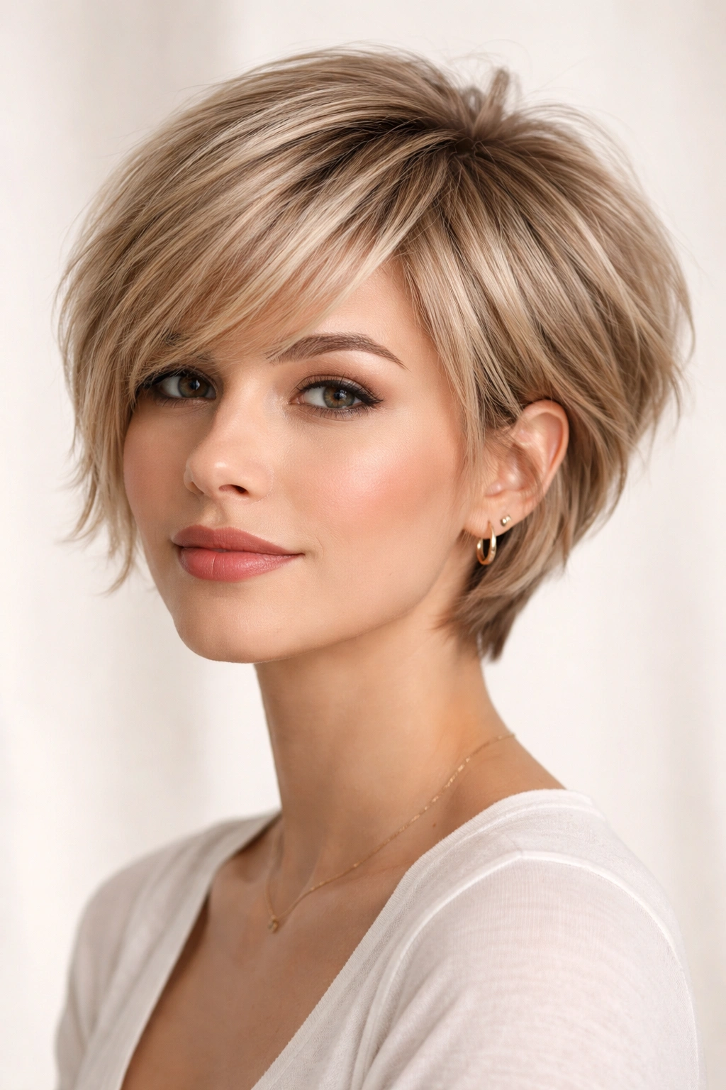 Feathered pixie bob with soft layers adding movement for fine hair