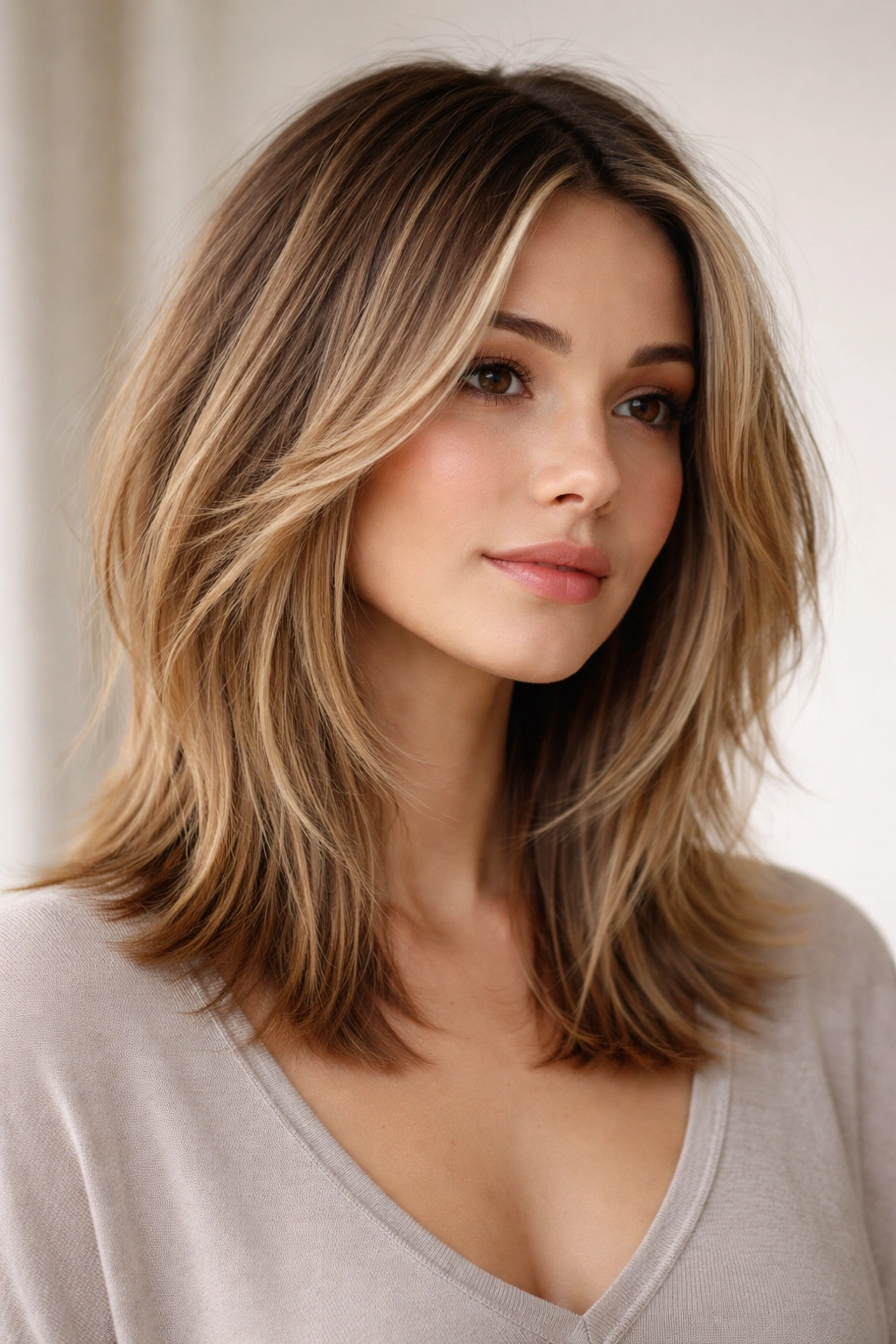 Close-up portrait of a person with a feathered razor cut long bob showing soft feathered ends.