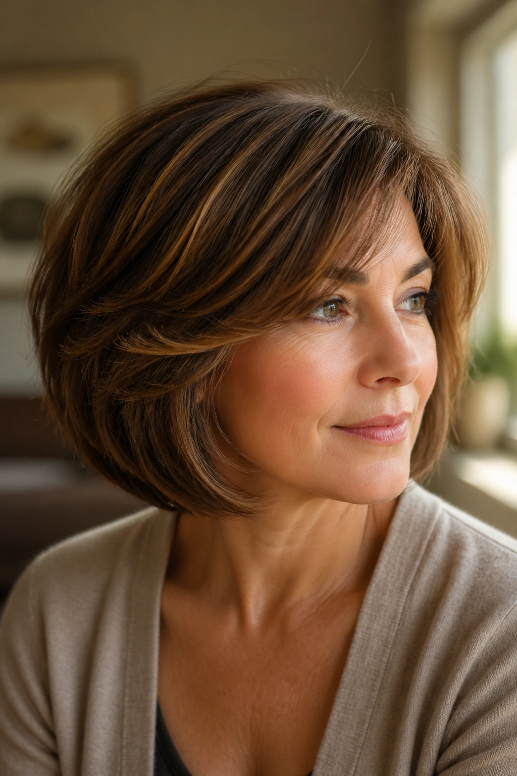 Close-up portrait of a real woman with a feathered rounded bob hairstyle.