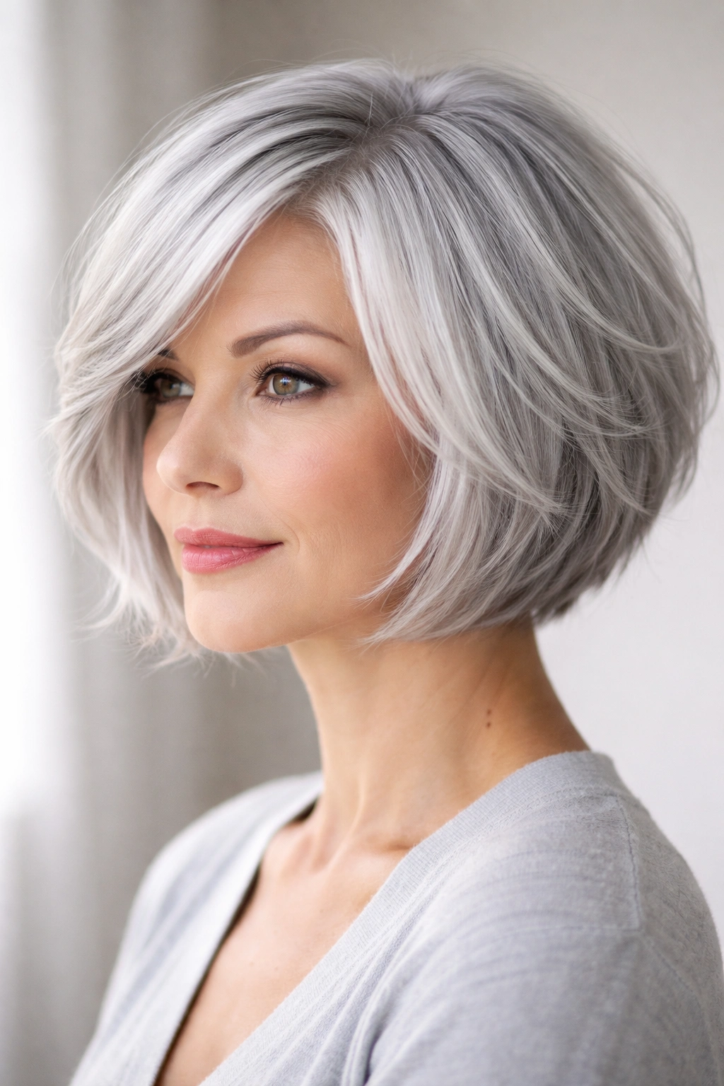 Close-up of feathered silver bob on fine hair with airy mid-length feathering
