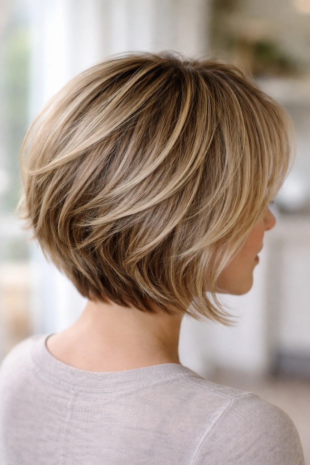 Feathered stacked bob with airy ends showing soft perimeter and movement.