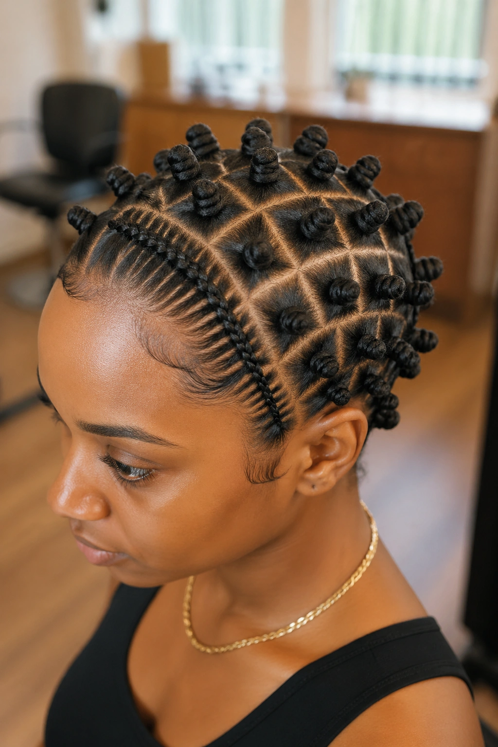 Close-up of a real person with a feed-in braid beside a knot grid on the crown.