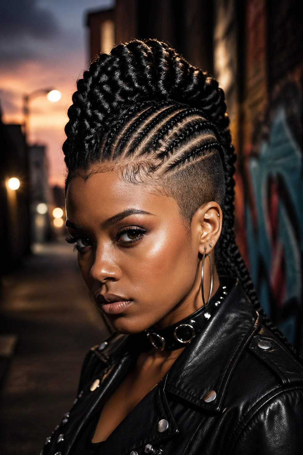 Close-up portrait of a real woman with feed-in braided hawk against a dusky urban alley