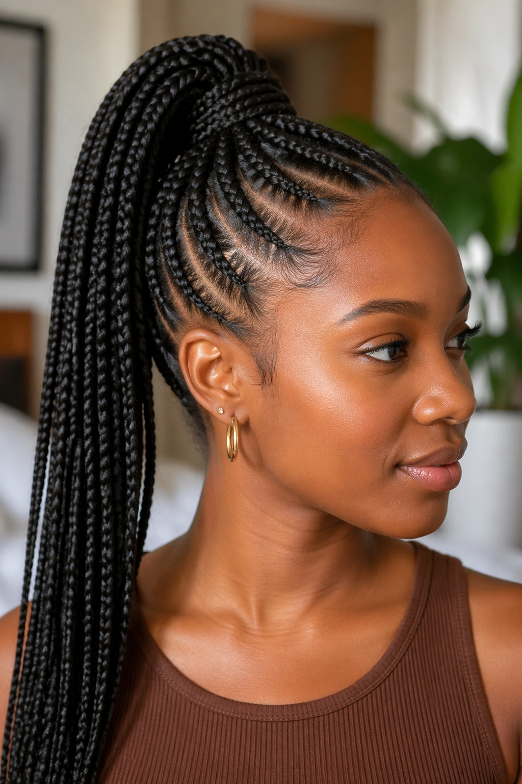 Close-up portrait of a real woman with feed-in braids forming a high ponytail