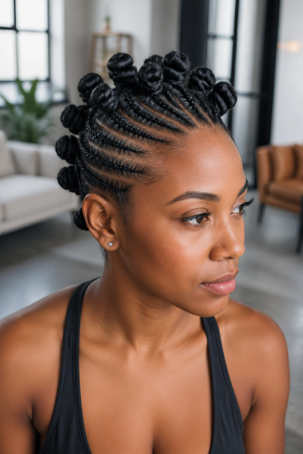 Real person with braided feed-in Bantu Knot Mohawk showing braid guidance into center