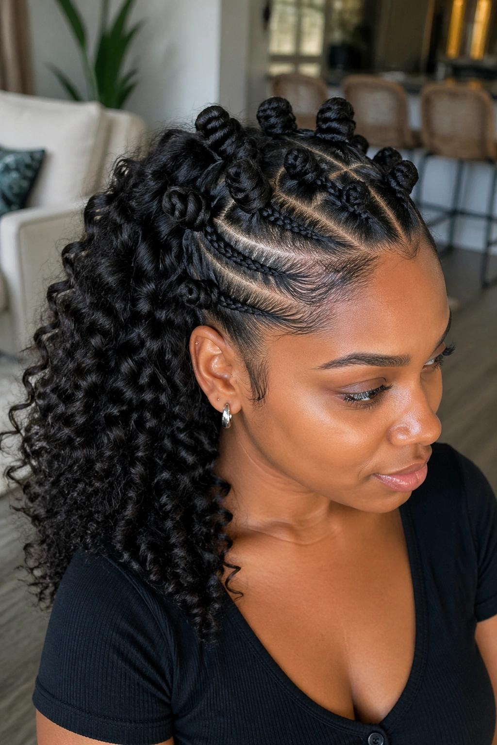 Real woman with feed-in braids leading into bantu knots and curls.
