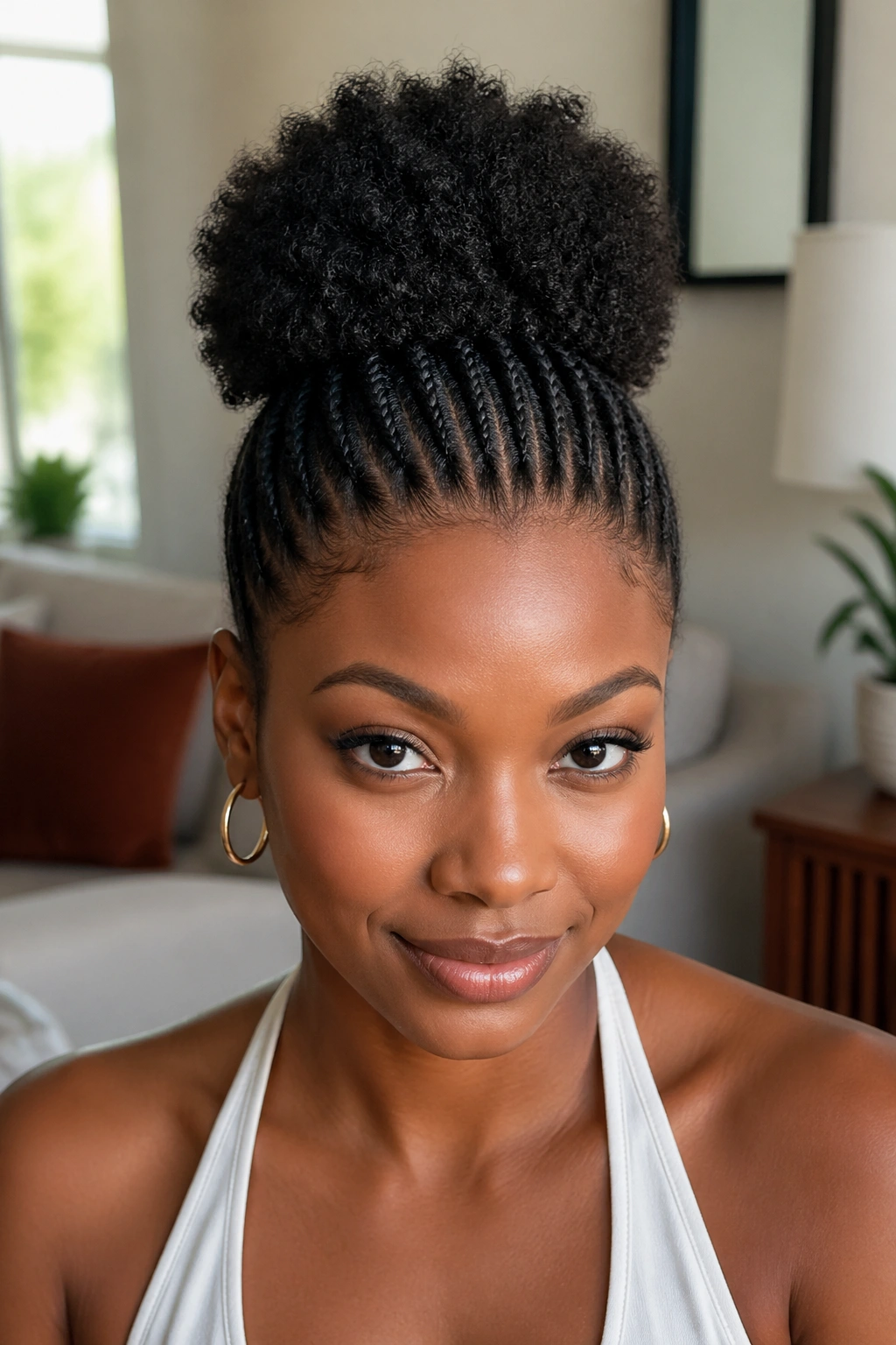 Real woman with feed-in braids tapering to a crown puff, indoor soft daylight