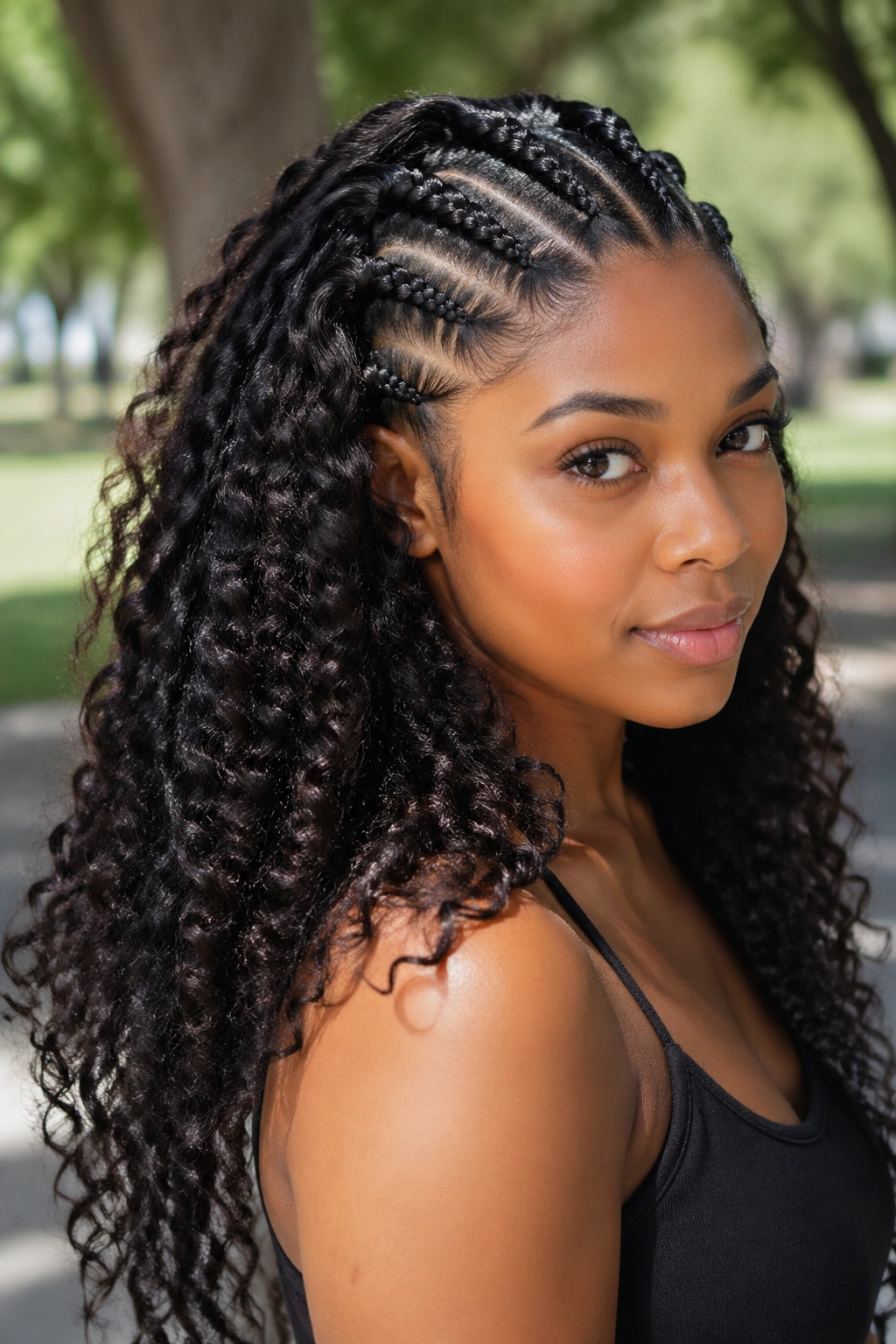 Close-up of Feed-In Braids Into Curly Hair Extensions with braided roots and curly ends.