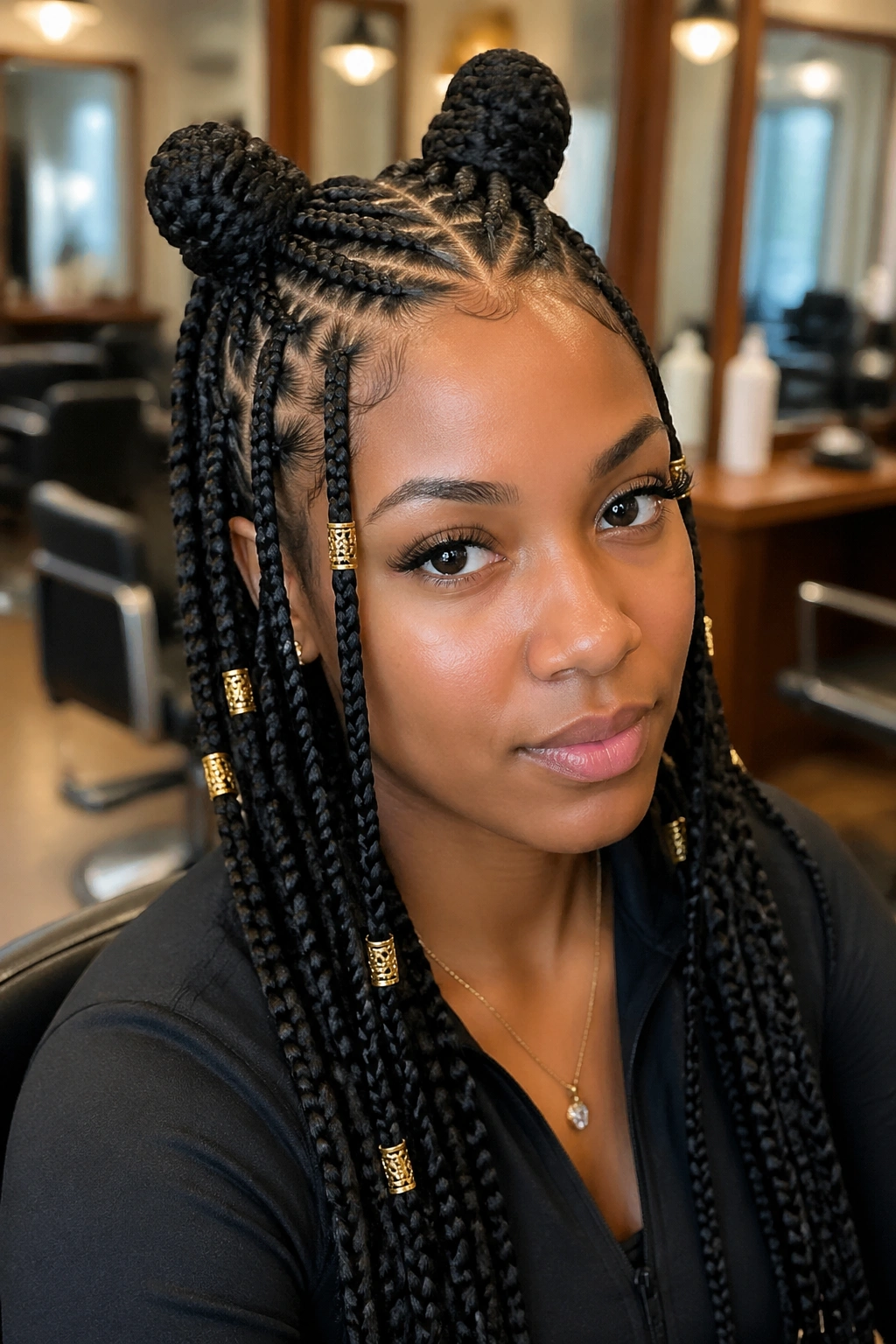 Real person showing feed-in stitch braids with two knots and gold cuffs