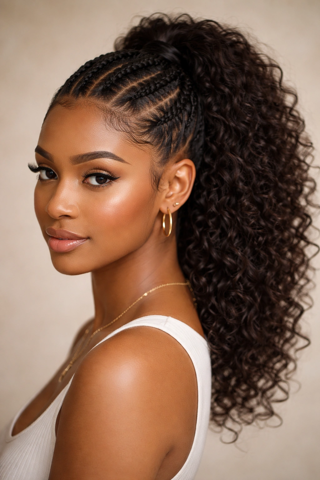 Braid feed-in leading into a curly ponytail with clean front