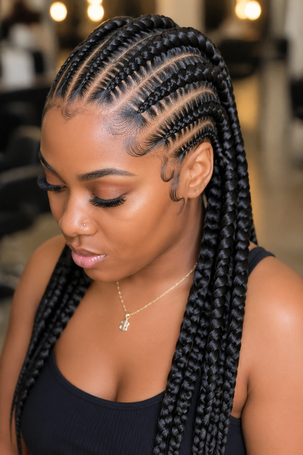 Close-up of a real person with feed-in braids