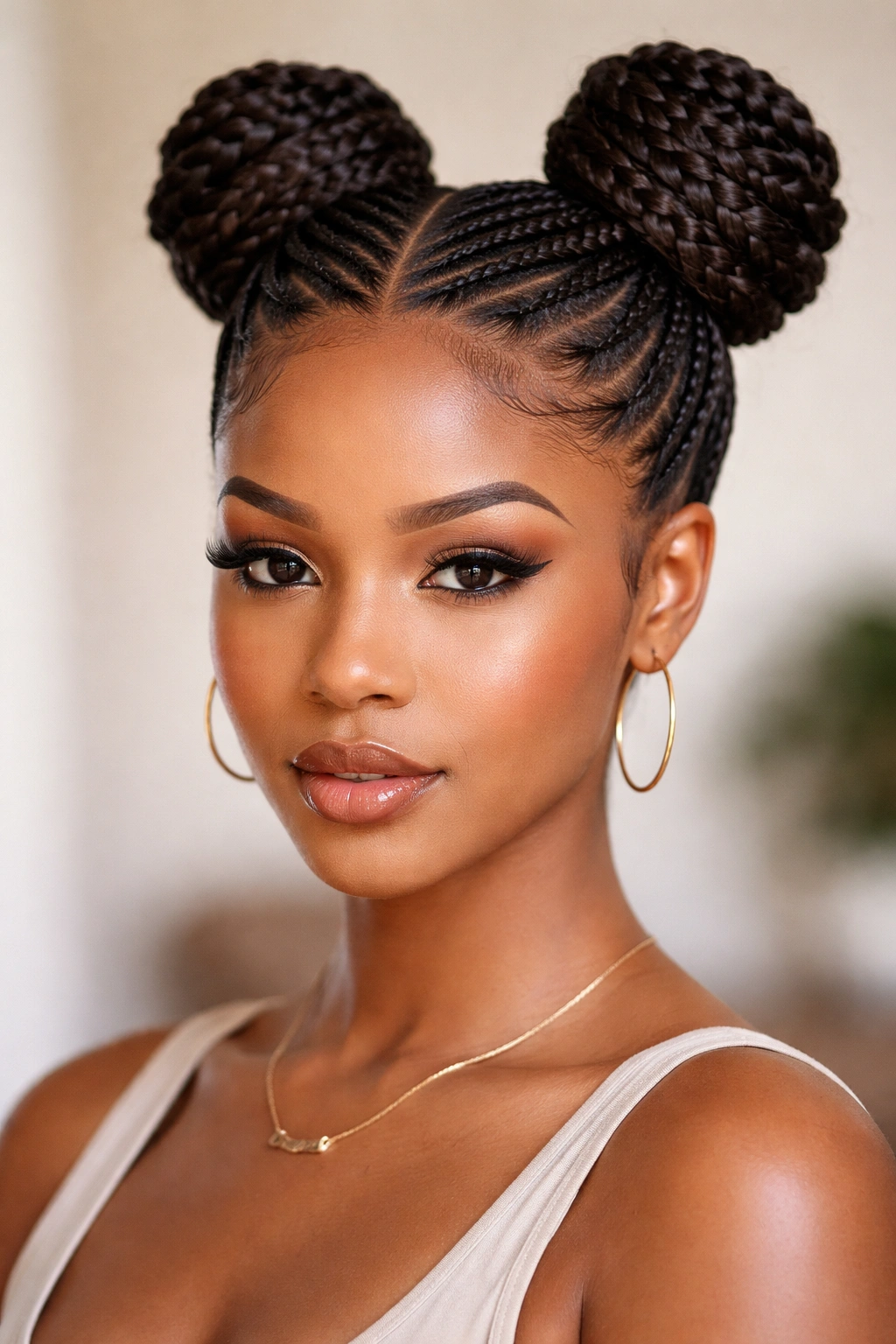 Feed-In Braid Space Buns close-up with smooth scalp base and clean front edges
