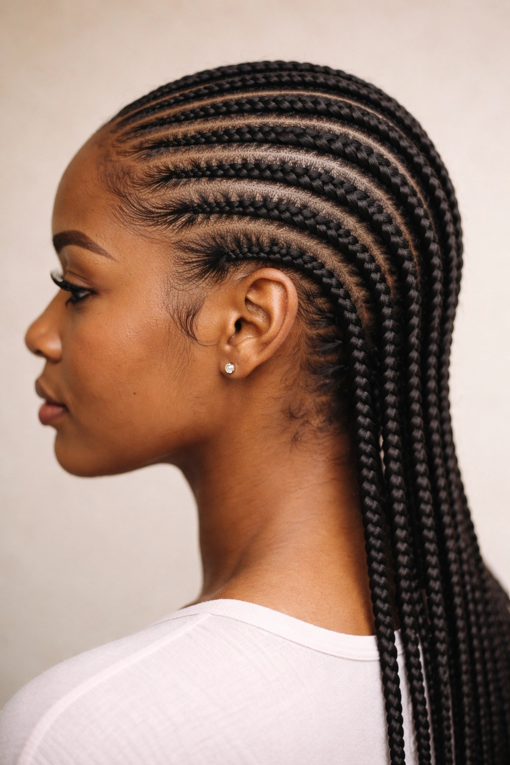 Feed-in cornrows lying flat against the scalp